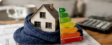 Maison miniature, écharpe et étiquette énergie posées sur un bureau