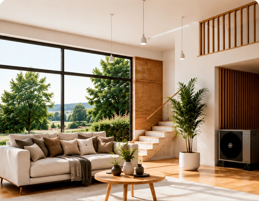 Séjour lumineux d'une maison rénovée, équipé d'une pompe à chaleur air / eau